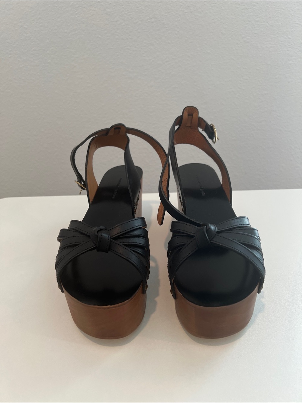 Isabel Marant Black Leather Knot Platform Sandals with Wood-Look Sole